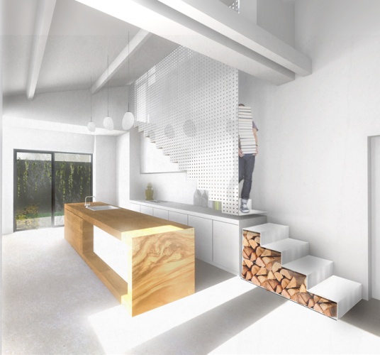 Transformation d'un garage en loft  Toulouse : Escalier acier blanc